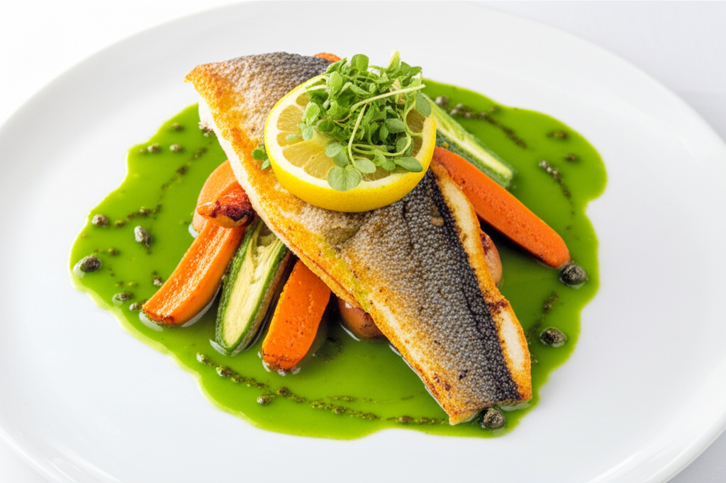 Pan-seared branzino with lemon caper sauce