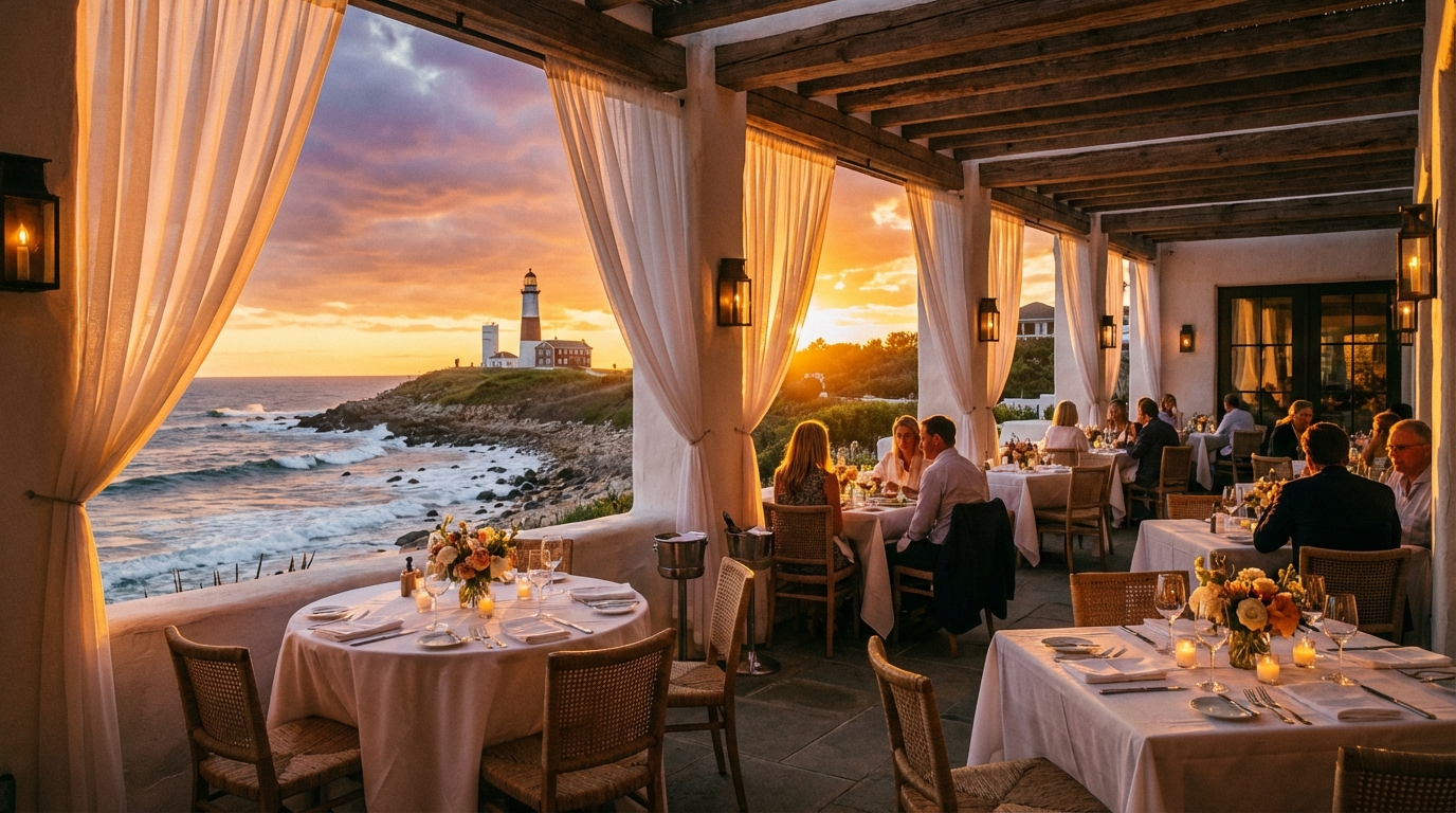 Oceanfront terrace dining at MARISOL with sunset views over Montauk