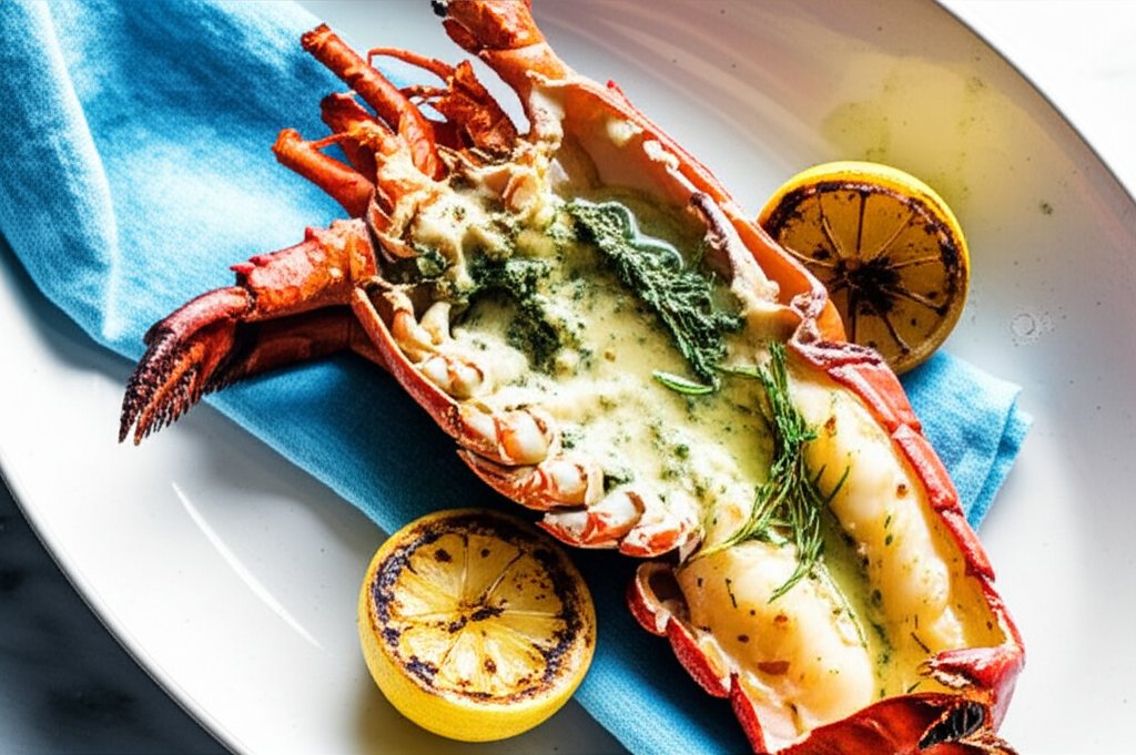 Grilled lobster with lemon butter and fresh herbs
