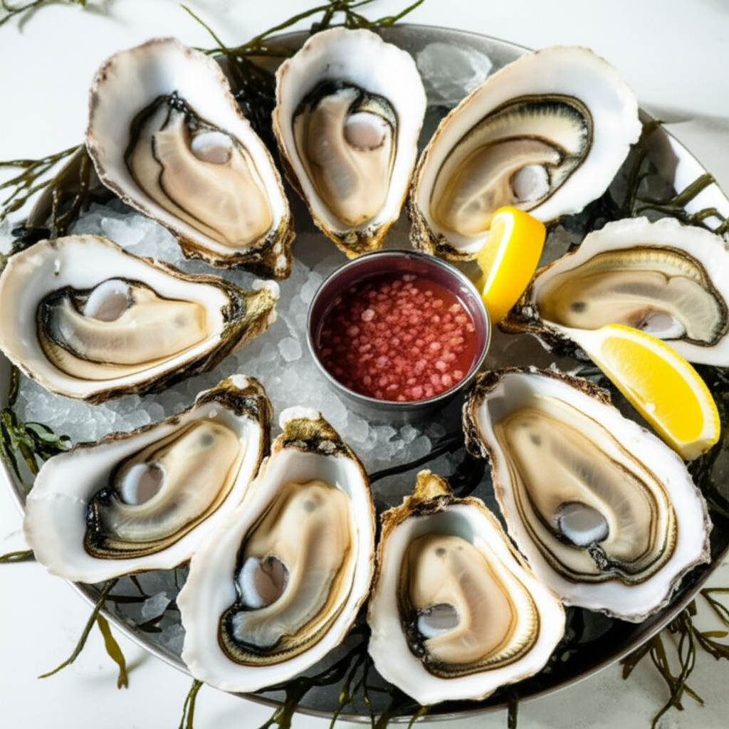 Fresh oyster platter on ice at MARISOL raw bar