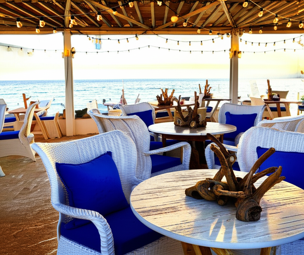 MARISOL outdoor patio with ocean views and string lights