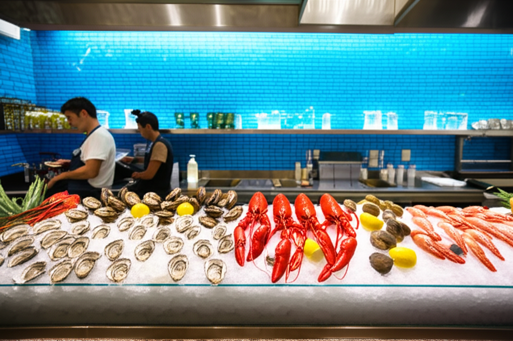MARISOL raw bar counter with chef shucking fresh oysters
